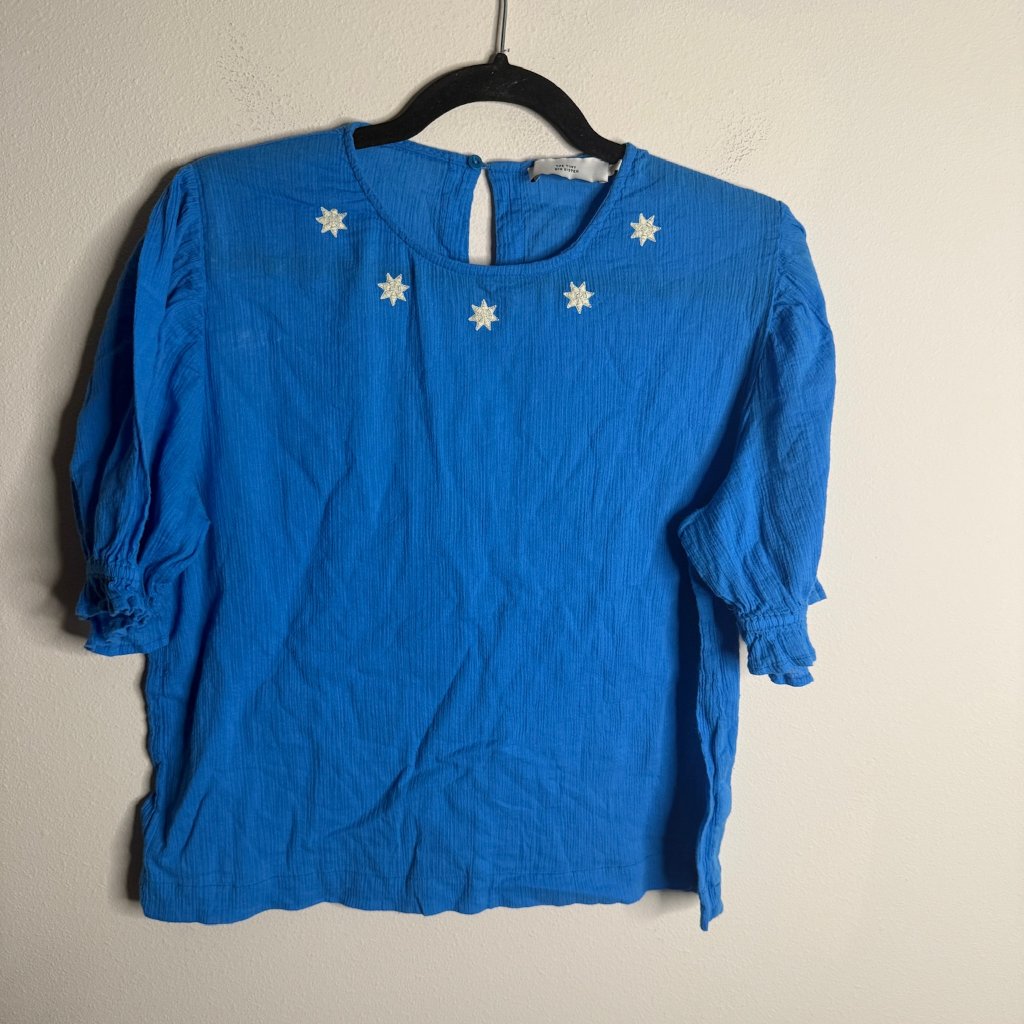 The Tiny Big Sister Women's Size 40 Blue Embroidered Star Top Blouse
